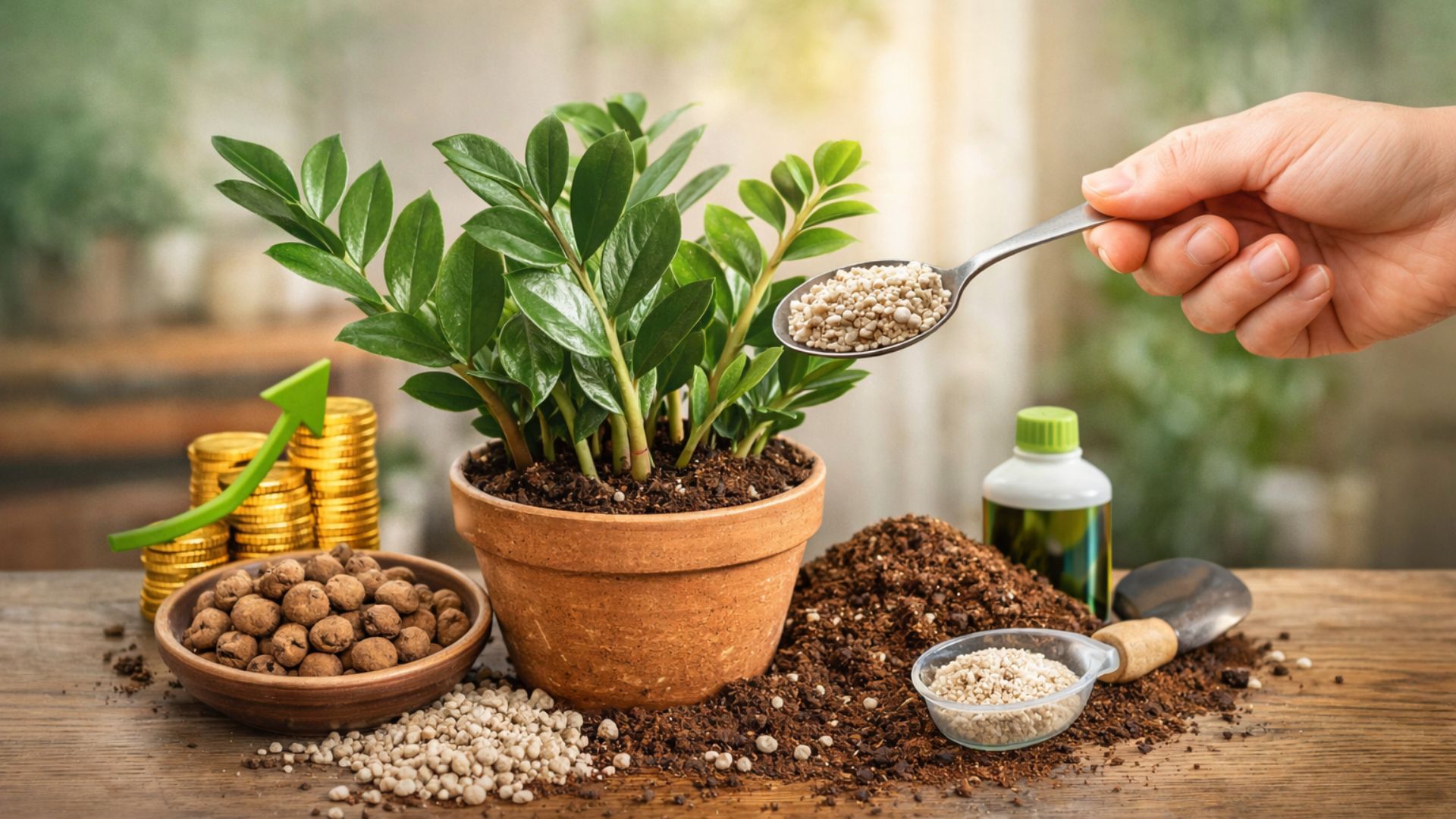 Zamioculca prospera com vaso de boa drenagem, substrato leve e rega sem excessos, cuidados que garantem folhas brilhantes durante todo o ano.