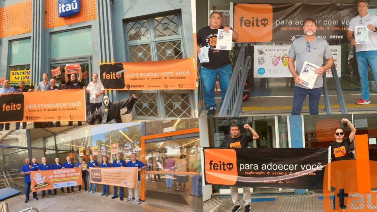 Itaú cortou 3.535 vagas e fechou 319 agências enquanto ultrapassava 100 milhões de clientes. Bancários denunciam sobrecarga e exclusão bancária. (Imagem: reprodução Contraf)