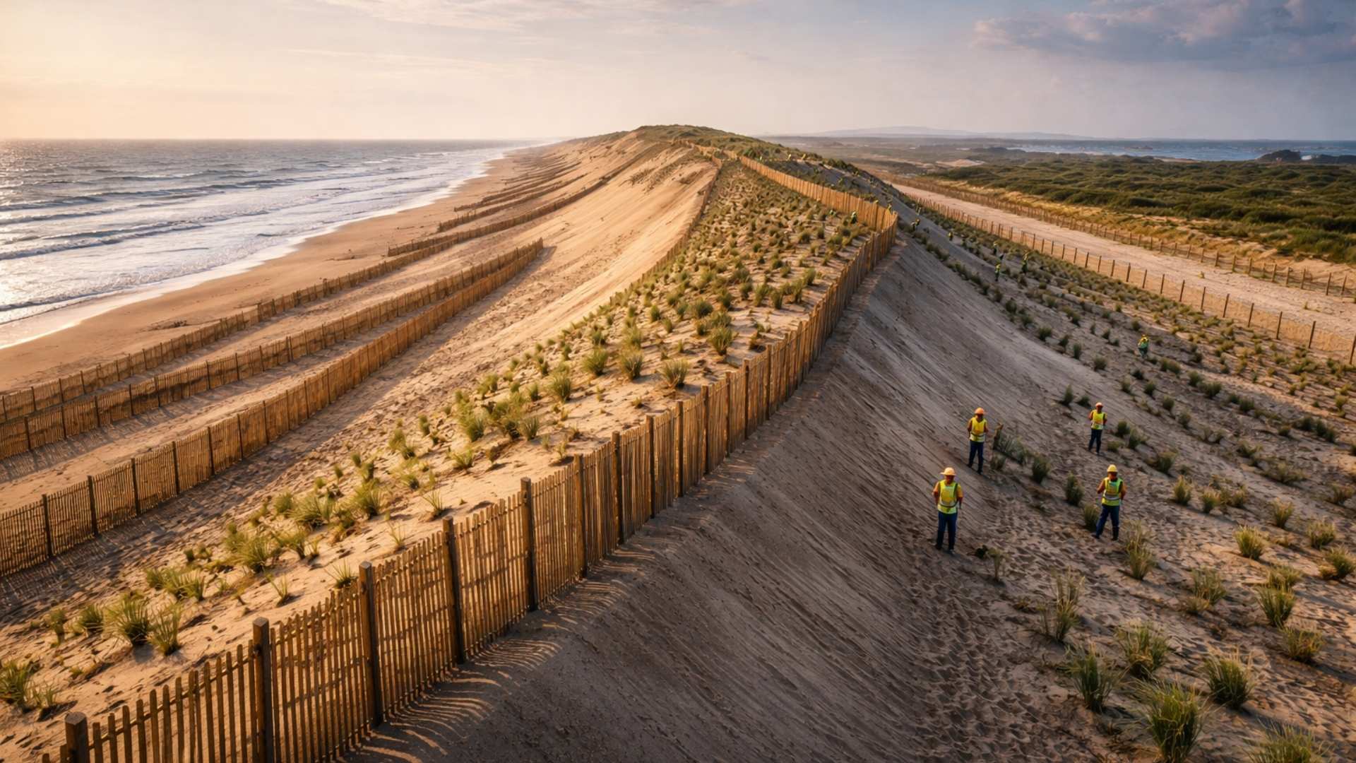 Projeto nos EUA restaura 21 km de litoral com dunas, vegetação nativa e milhões de toneladas de areia, reforçando proteção costeira.