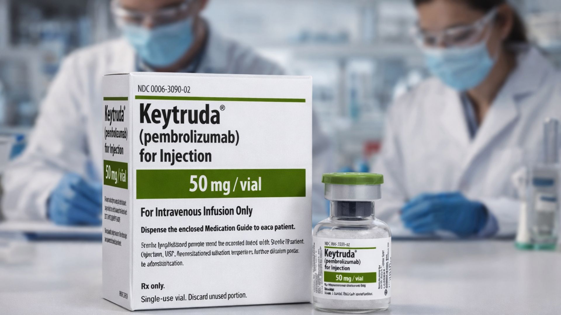Frasco e caixa de pembrolizumabe em laboratório com cientistas ao fundo, representando produção nacional de imunoterapia contra câncer pelo Instituto Butantan para o SUS