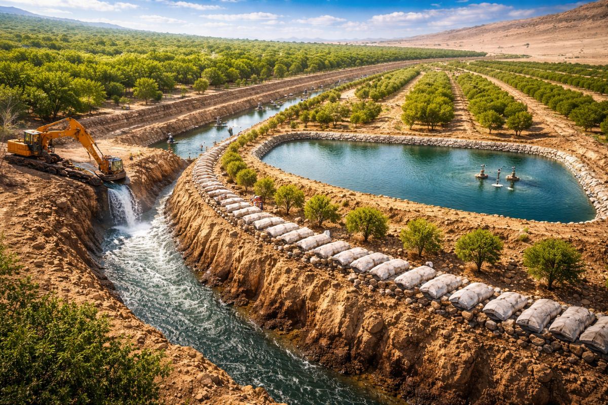 Megaobra de engenharia no deserto cria valas gigantes para captar água, armazenar milhões de litros e transformar solo seco em floresta produtiva com técnicas simples
