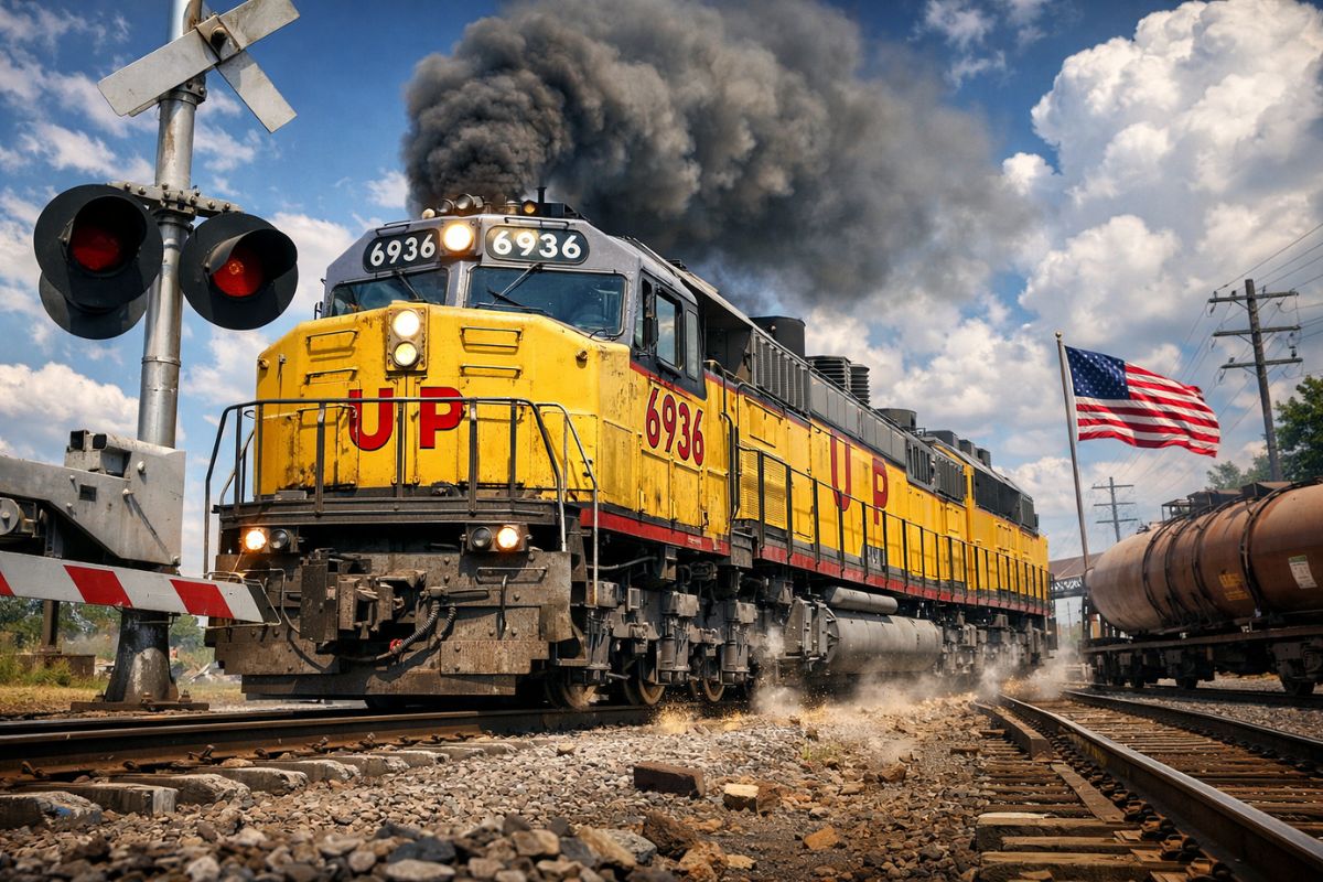 DDA40X da Union Pacific mostra como locomotiva diesel sem aderência no trilho de aço não transforma potência em tração.