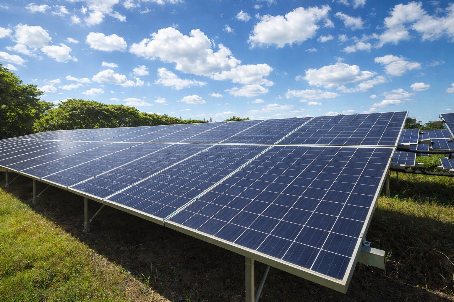 Painéis solares em usina fotovoltaica ao meio-dia com céu azul e algumas nuvens, cercados por vegetação verde.