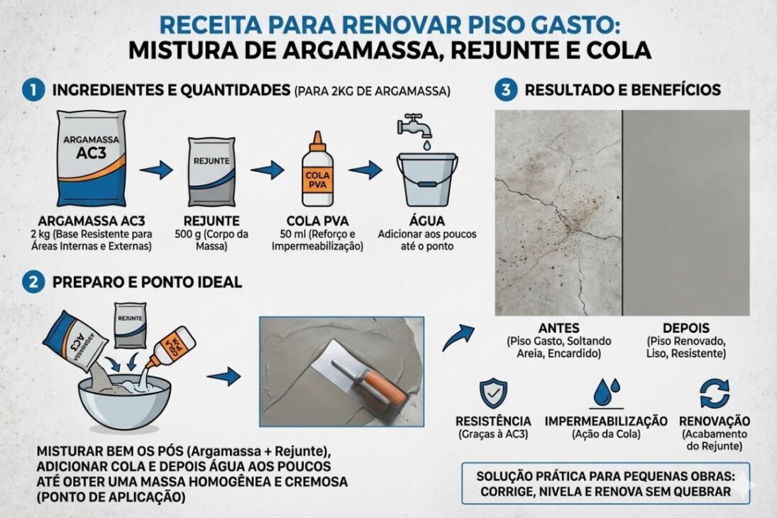 Mistura simples com argamassa, rejunte, cola e piso antigo entra no radar das reformas ao prometer renovação sem quebra-quebra, nivelamento rápido e camada resistente para laje, garagem e calçada.