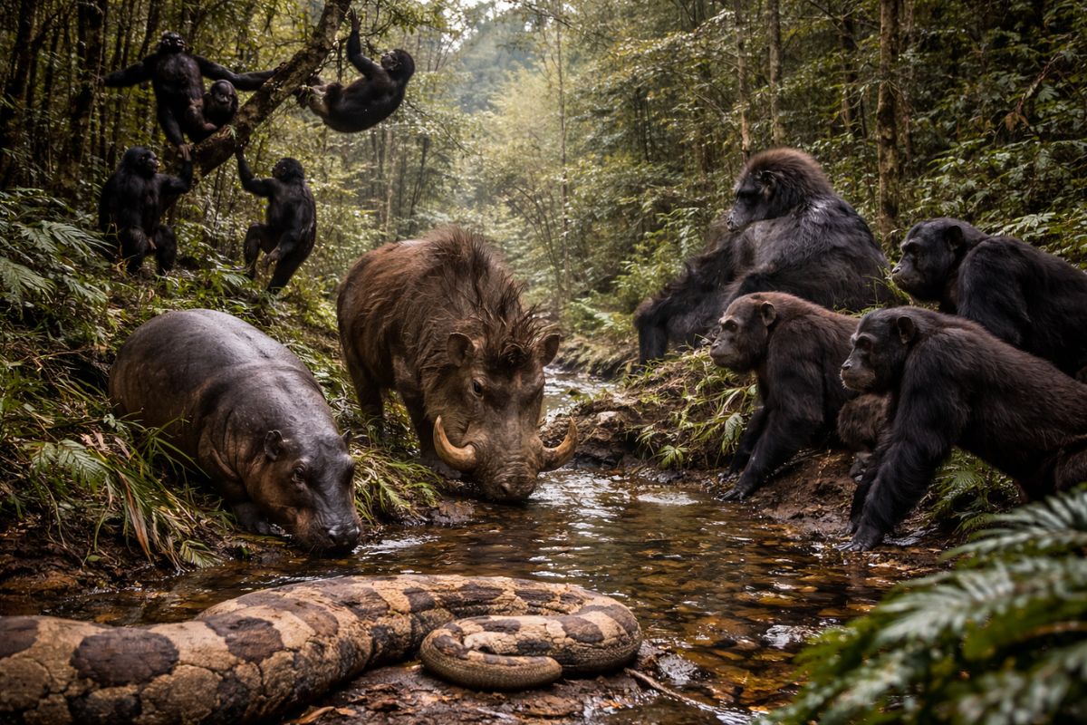 Nas profundezas da floresta africana, essas espécies nativas raras e assustadoras dominam rios, pântanos e copas das árvores com veneno, força brutal, dentes letais e comportamentos (1)