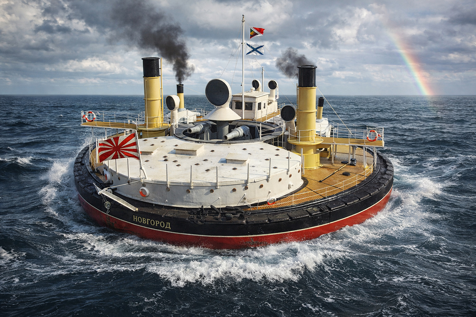 Com 30,8 metros de diâmetro e dois canhões de 279 mm, o monitor Novgorod foi o navio de guerra circular que a Rússia construiu em 1873 para carregar artilharia pesada com pouco calado — mas cada disparo fazia o casco girar descontroladamente, transformando o experimento naval em um dos projetos mais estranhos da história marítima