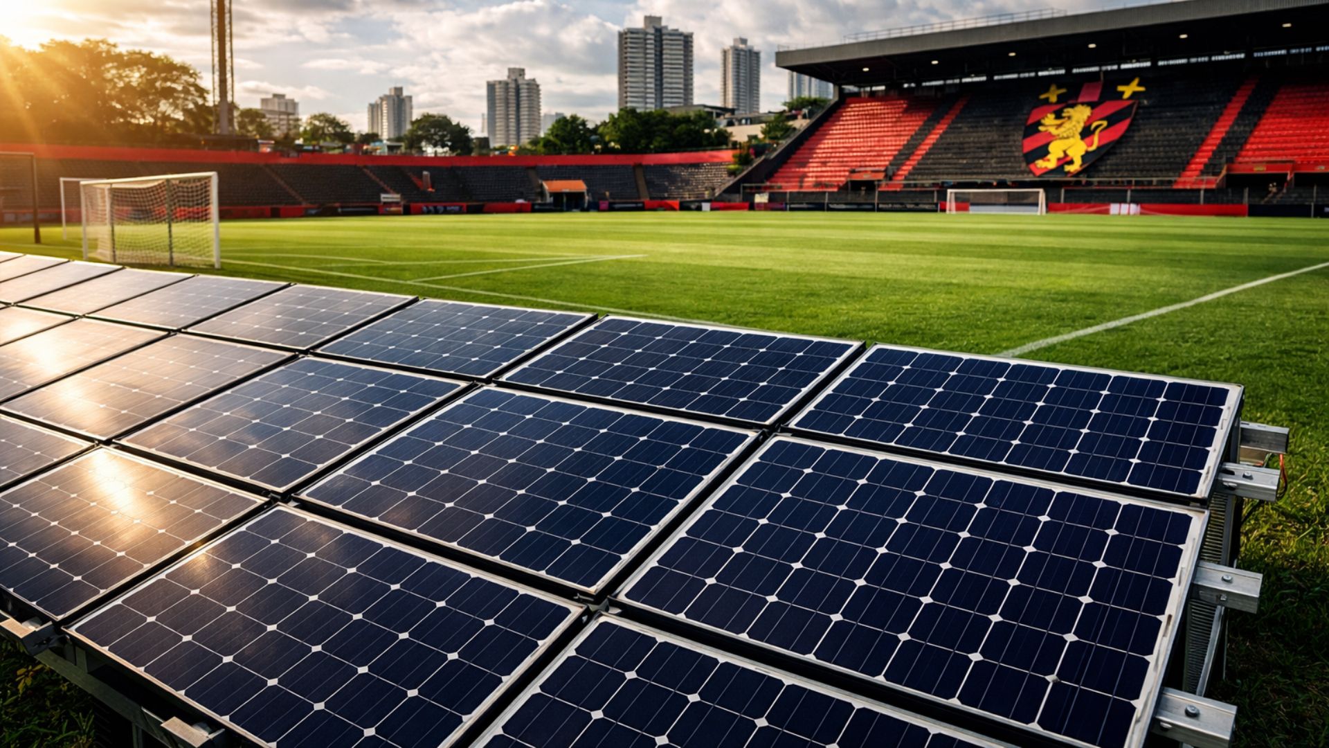 Painéis solares instalados em primeiro plano em um estádio de futebol com gramado ao fundo, representando uso de energia renovável no esporte