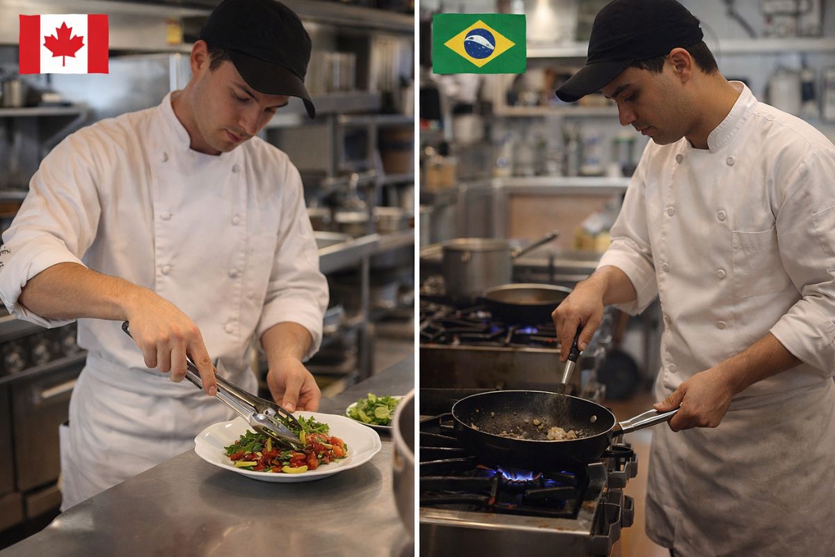 No Canadá, um cozinheiro ganha 16 dólares por hora mais gorjetas. No Brasil, o mesmo profissional recebe R$ 9 por hora em jornadas de 15h a 50°C. Entenda por quê.