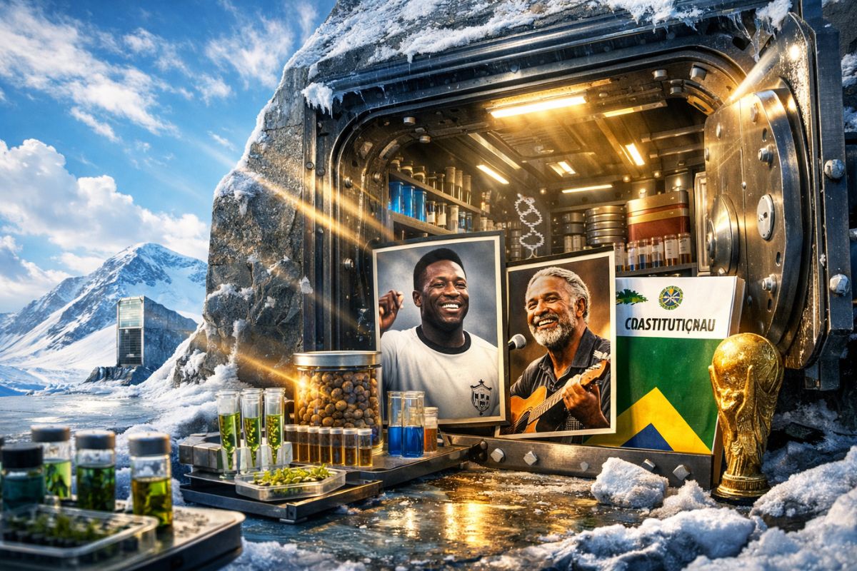 No coração gelado do Ártico, um cofre extremo protege sementes, ciência, Pelé, Gil e a Constituição para salvar a humanidade depois de catástrofes e manter viva a memória
