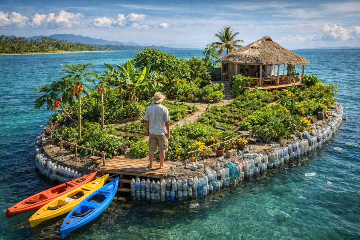 Um homem construiu uma ilha flutuante com 150 mil garrafas PET, árvores de mangue, painéis solares e água da chuva. Veja como funciona essa moradia no mar.