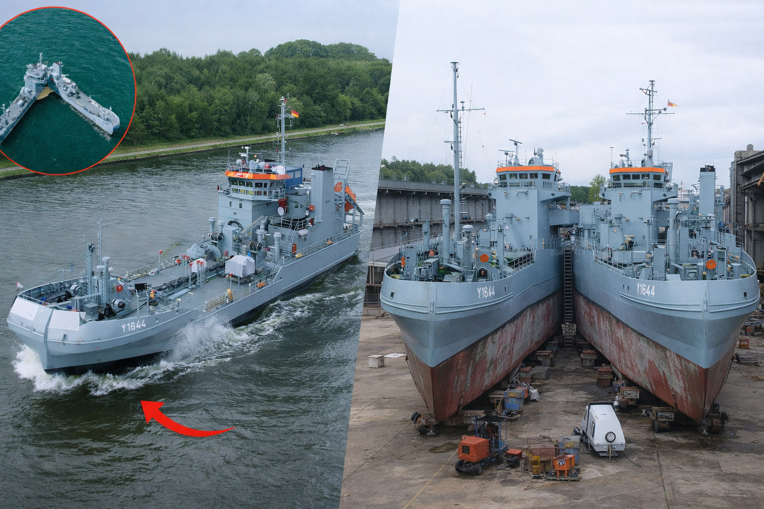O navio alemão Bottsand abre o próprio casco em duas metades no meio do oceano para engolir petróleo derramado na superfície, separa o óleo da água dentro de um tanque de 790 metros cúbicos e se fecha novamente. É o único navio do mundo projetado de fábrica para se partir ao meio como parte da operação normal, e a tripulação de seis pessoas que opera tudo é civil