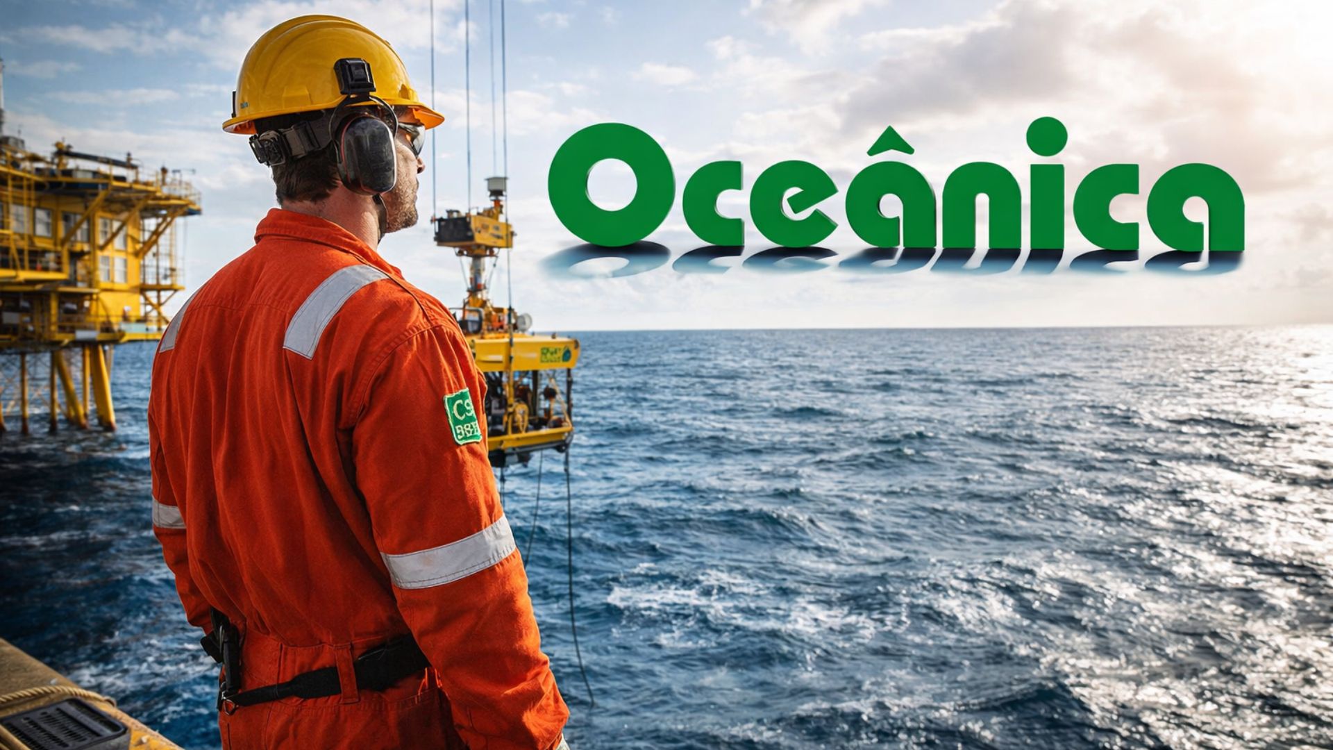 Técnico offshore observa operações no mar ao lado de plataforma com equipamentos submarinos, com logotipo da Oceânica em destaque no cenário marítimo.
