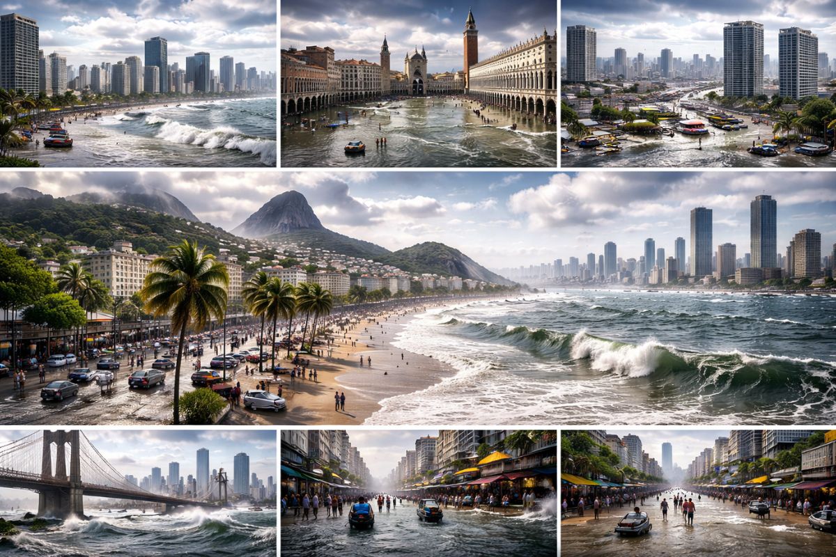 Oito cidades do mundo enfrentam ameaça crescente do mar, afundam entre ressacas, subsidência e enchentes, expõem limites da engenharia e mostram que até destinos