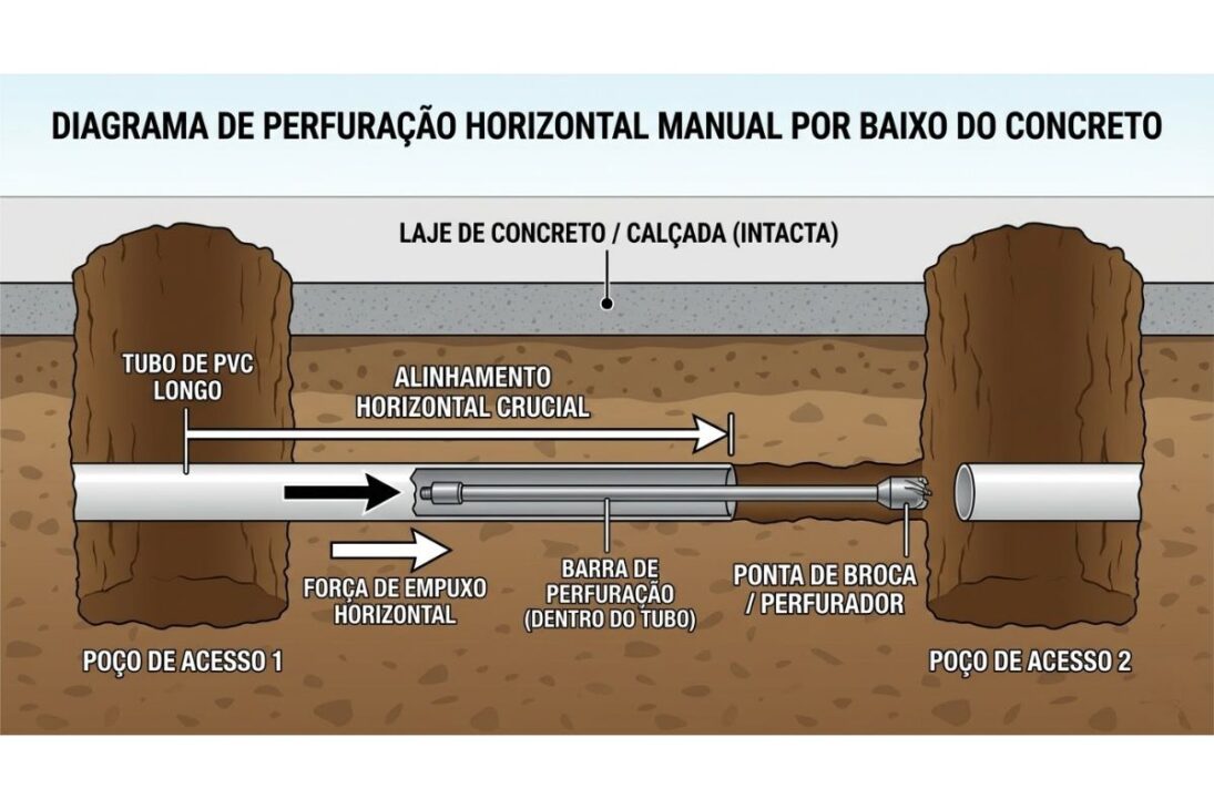 Pedreiro usa mangueira de jardim e tubo de PVC para atravessar o solo sob concreto e passar encanamento sem quebrar nada.