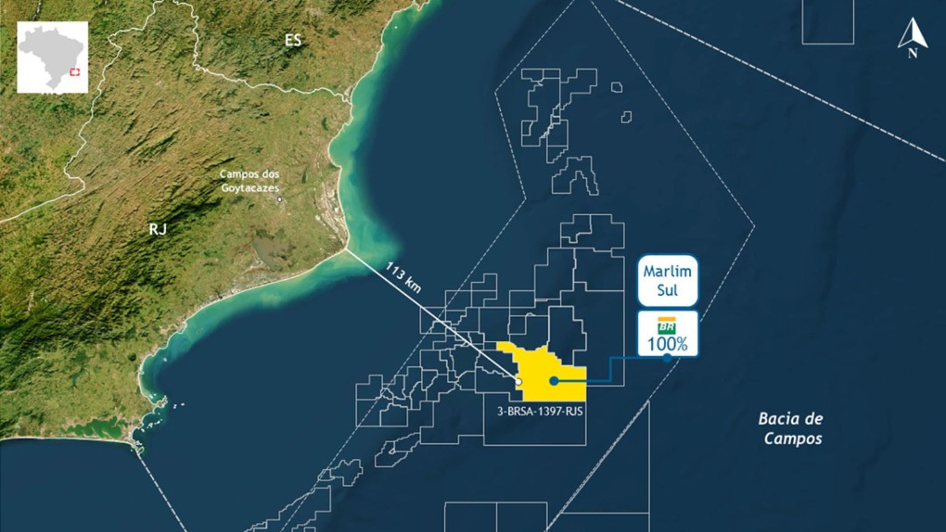 Mapa da Bacia de Campos mostrando localização do poço 3-BRSA-1397-RJS no campo de Marlim Sul, a 113 km da costa de Campos dos Goytacazes.