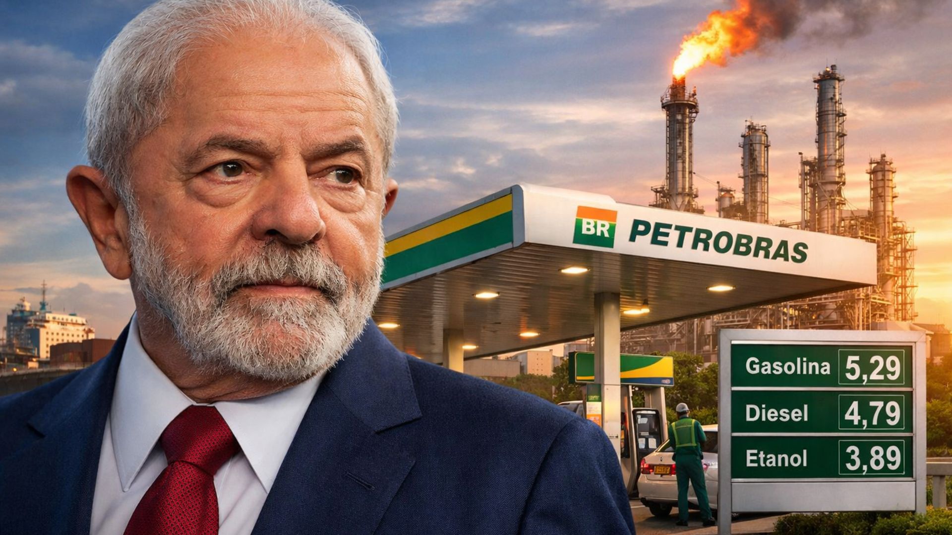 Presidente Lula em primeiro plano diante de um posto de combustível da Petrobras com tabela de preços visível e refinaria ao fundo.