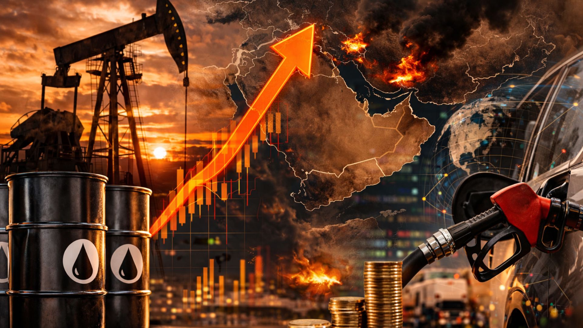 Imagem mostra barris de petróleo, bomba de extração, mapa do Oriente Médio com explosões e gráfico de alta, representando impacto do conflito no preço dos combustíveis