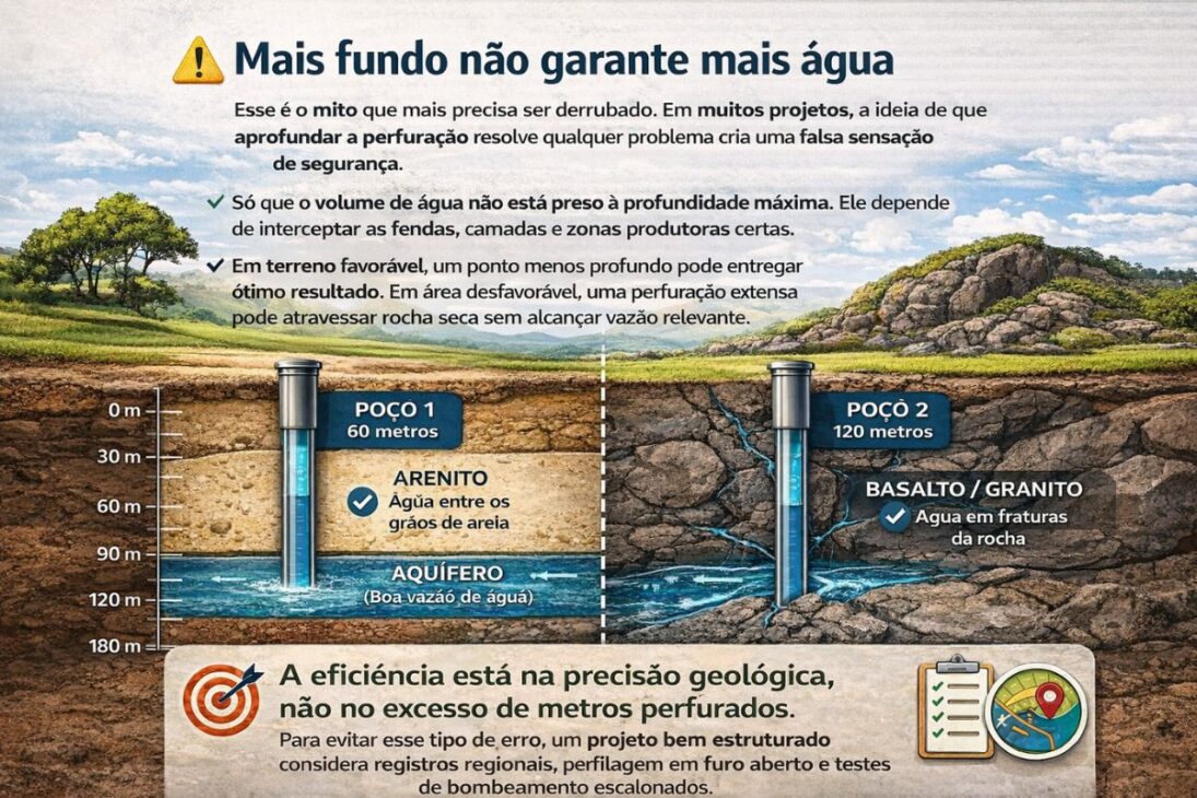 Poço artesiano: profundidade, subsolo, perfuração e água mostram por que descer mais não garante mais vazão.