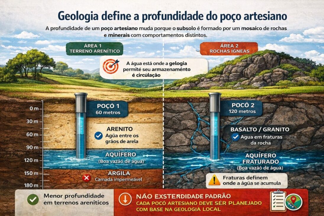 Poço artesiano: profundidade, subsolo, perfuração e água mostram por que descer mais não garante mais vazão.