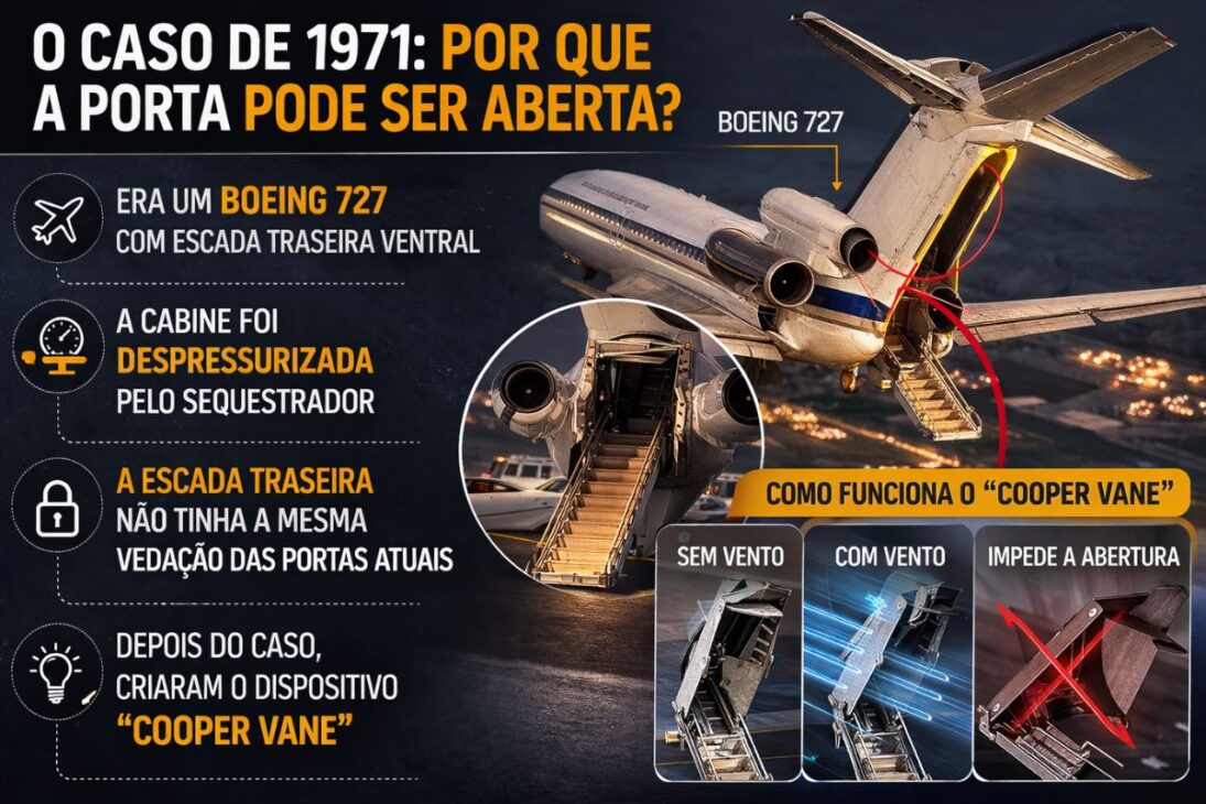 No avião comercial, a porta do avião não abre em voo porque a pressão interna sela a aeronave e impede a abertura por passageiros.