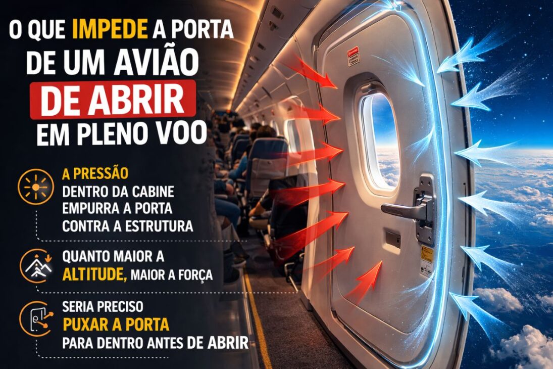 No avião comercial, a porta do avião não abre em voo porque a pressão interna sela a aeronave e impede a abertura por passageiros.