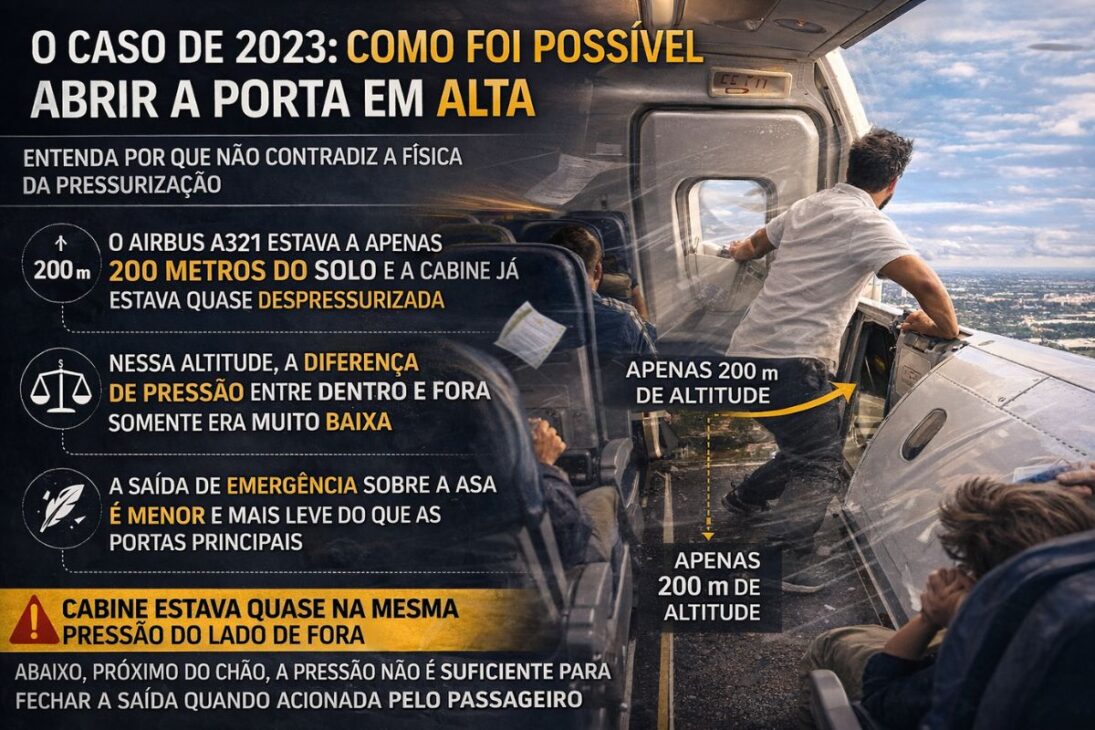 No avião comercial, a porta do avião não abre em voo porque a pressão interna sela a aeronave e impede a abertura por passageiros.