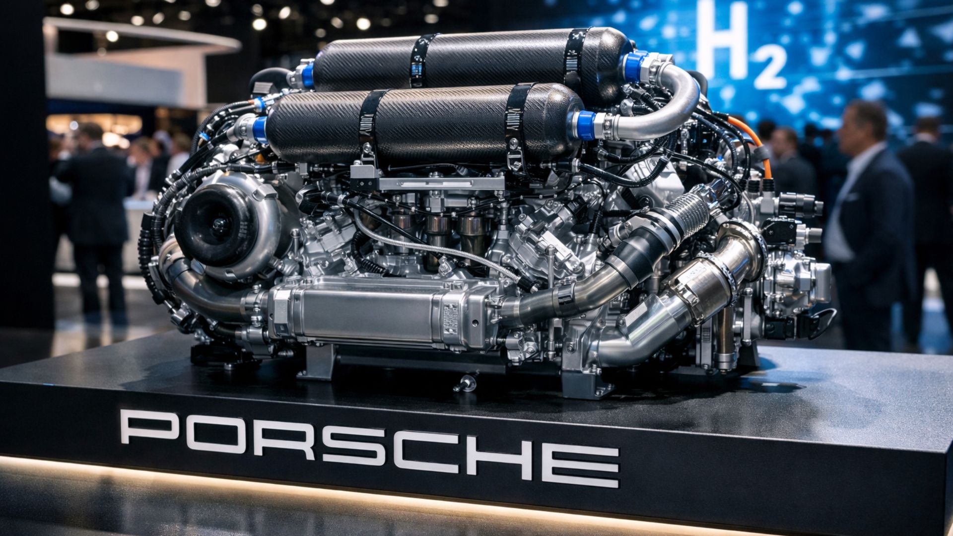 Motor a hidrogênio exposto em evento automotivo sobre plataforma com logotipo da Porsche, destacando tecnologia de combustão movida a hidrogênio para carros esportivos.