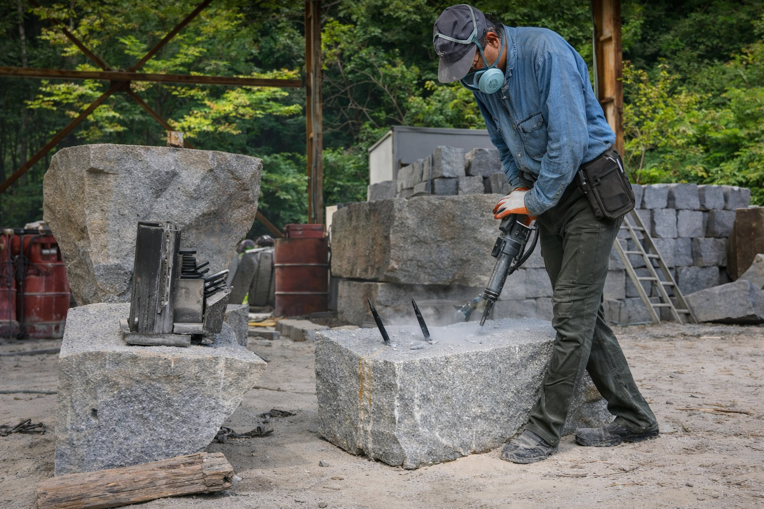 Produção artesanal com granito bruto mostra uma técnica milenar de um pedreiro no Japão
