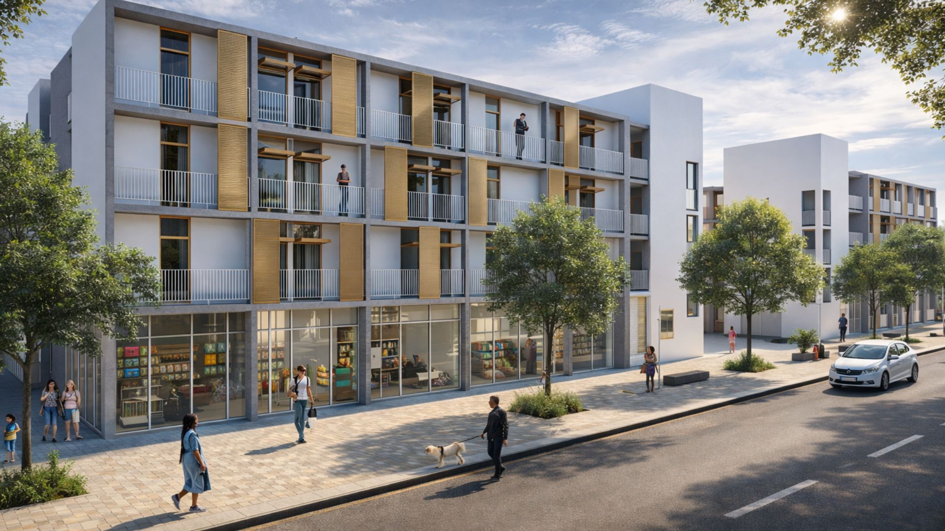 Projeto habitacional sustentável em Campo Grande com prédios residenciais de três andares, áreas comerciais no térreo, árvores urbanas e moradores circulando em ambiente integrado e moderno.