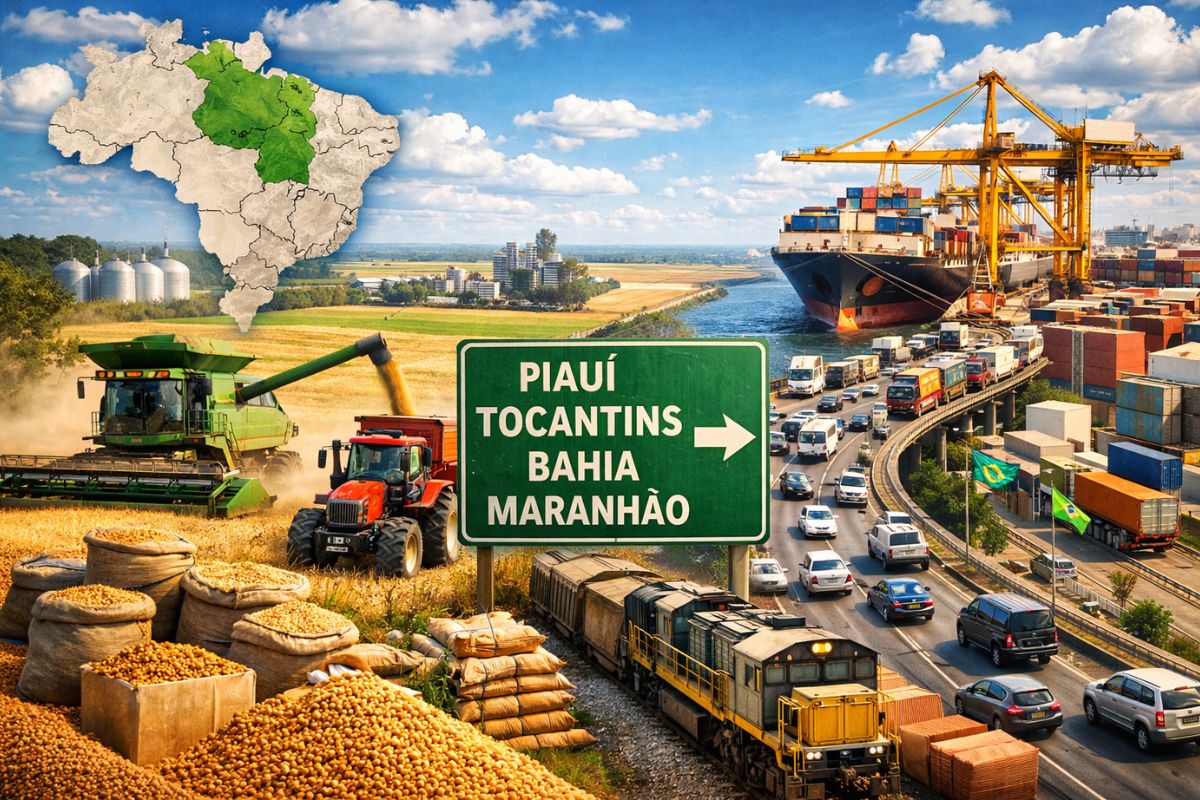 MATOPIBA é gigante do agro. Arco Norte usa Porto do Itaqui e Ferrovia Norte-Sul para escoar grãos e reduzir custos.