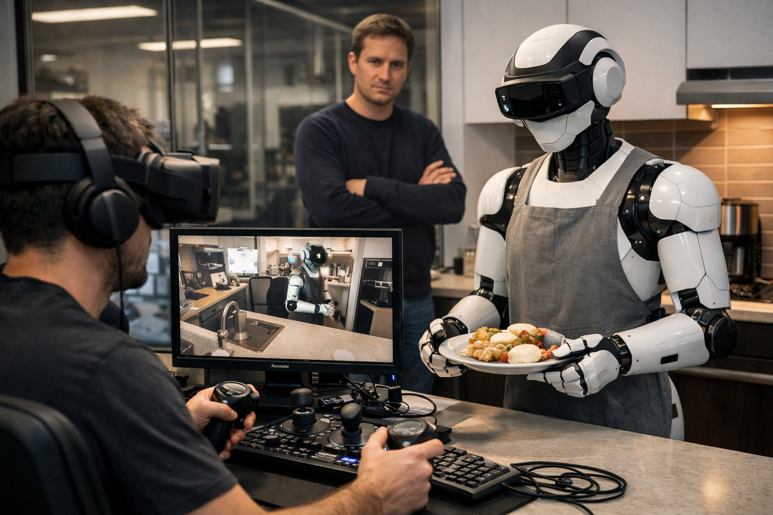Uma startup apoiada pela OpenAI começou a vender um robô de US$ 20.000 para fazer tarefas domésticas, mas quando o robô não sabe o que fazer, um funcionário coloca um headset de realidade virtual, vê o interior da sua casa por uma câmera e opera cada movimento, e o CEO disse que sem isso ele não consegue melhorar o produto