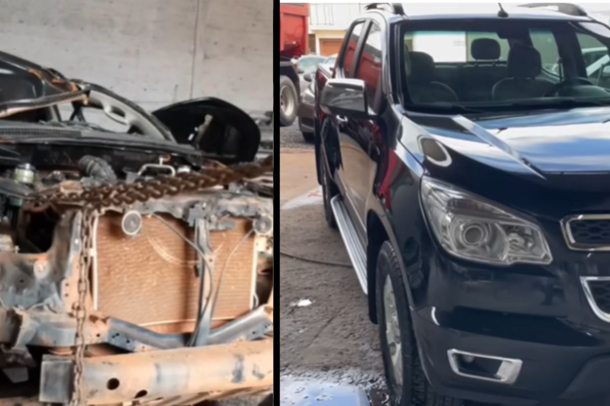 S10 que capotou e ficou destruída teve teto cortado, cabine reconstruída e peças trocadas até voltar a rodar, mostrando passo a passo de uma recuperação completa na oficina