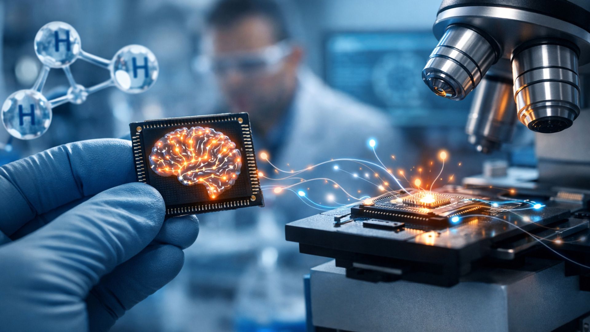 Cientista segura semicondutor com representação de cérebro humano em laboratório enquanto dispositivo baseado em hidrogênio é analisado em microscópio