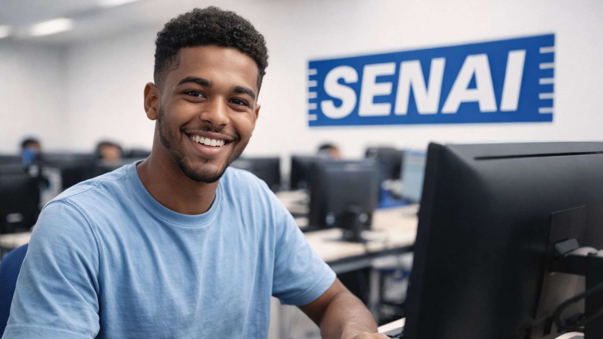 Estudante sorrindo em frente a computador em sala de aula do Senai com foco em cursos gratuitos de tecnologia no Amapá