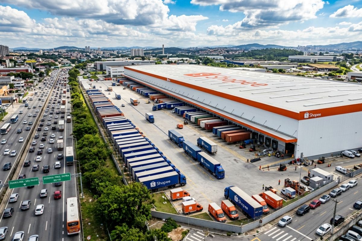 Shopee fecha o maior galpão logístico do Brasil em Guarulhos 220 mil m² na Dutra, contrato antes da obra, paga R$ 45m² e acelera entregas em escala, pressionando Mercado Livre e Amazon