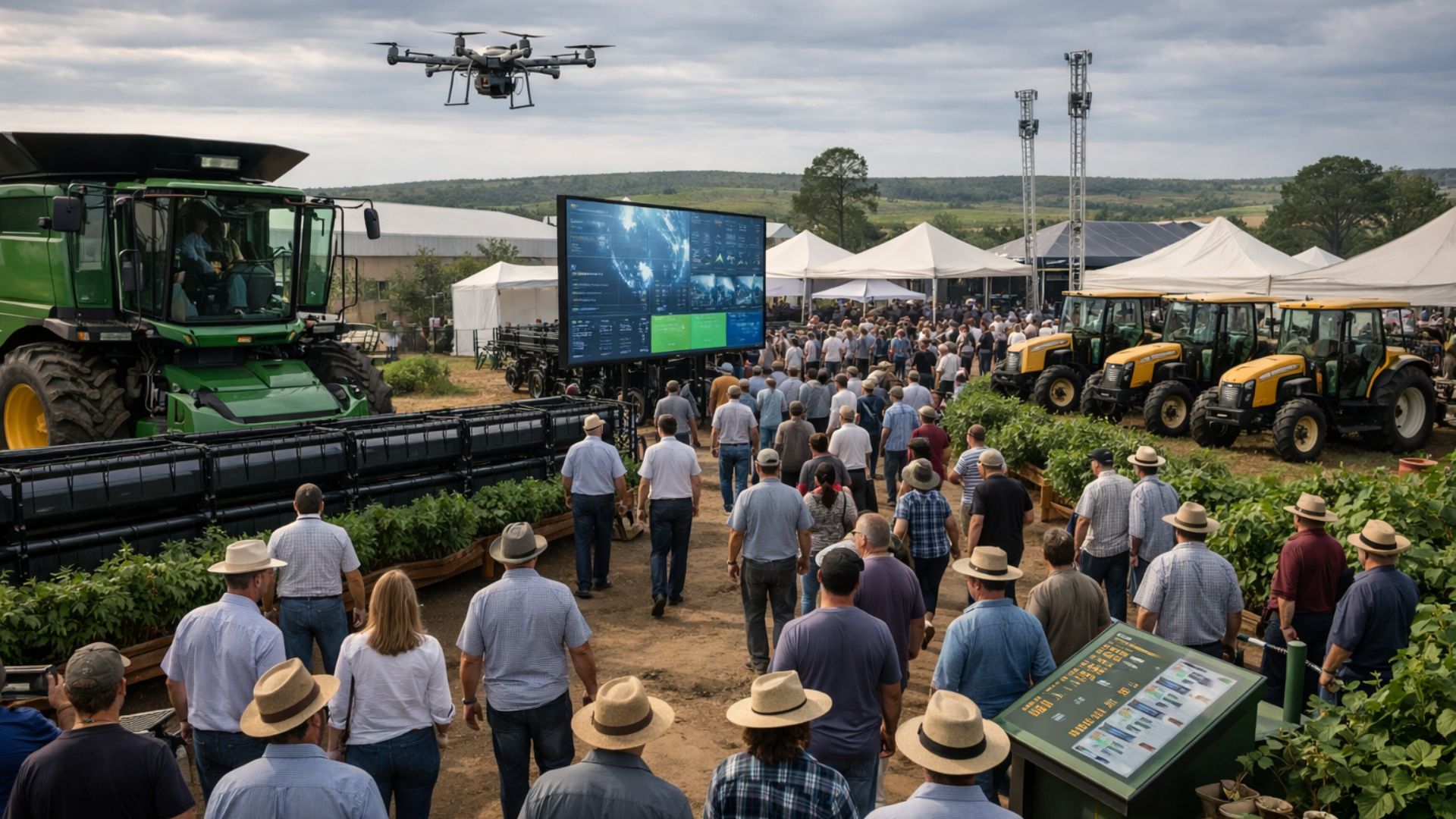 Feira do agronegócio em Mato Grosso com produtores rurais observando máquinas agrícolas, drone e soluções tecnológicas em exposição durante evento Show Safra