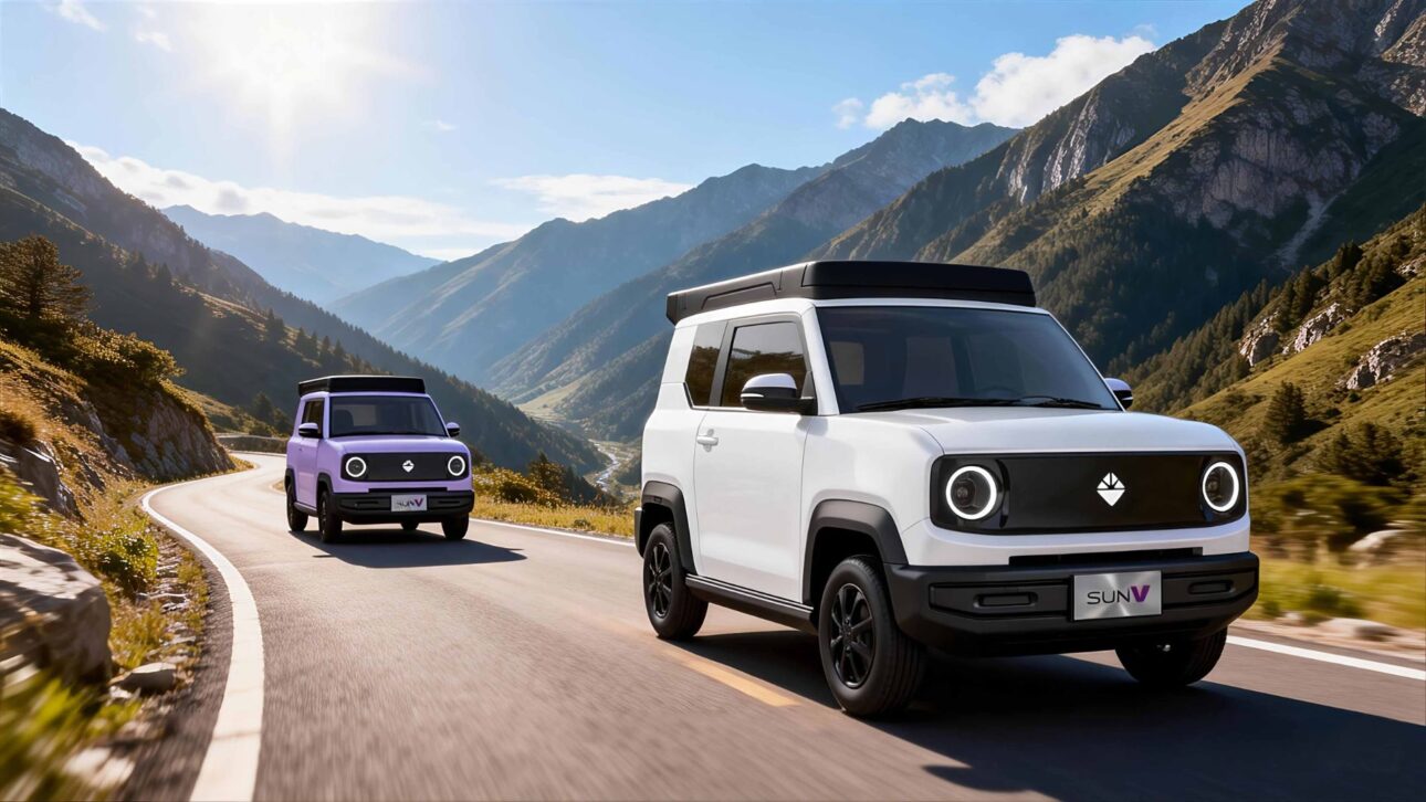Dois SUVs elétricos com painéis solares no teto circulam por uma estrada de montanha sob forte luz do sol, destacando tecnologia solar automotiva.