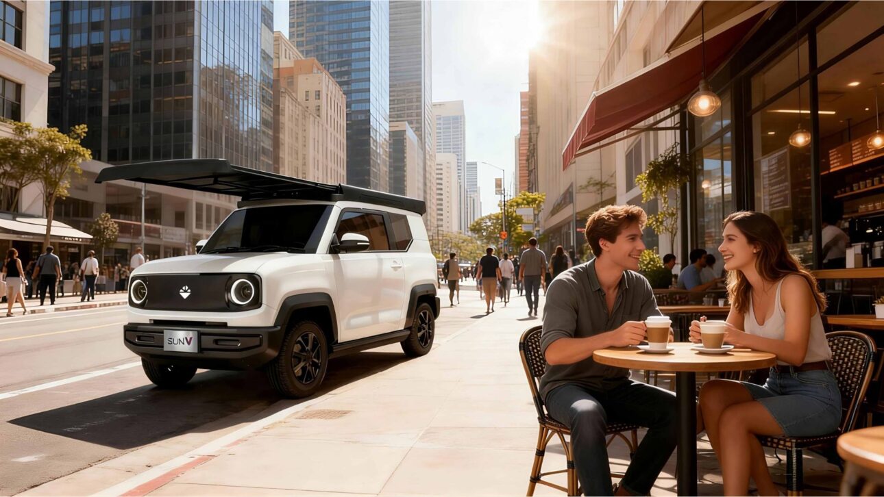 SUV elétrico com painéis solares no teto estacionado em rua movimentada de cidade enquanto duas pessoas tomam café em mesa ao ar livre.