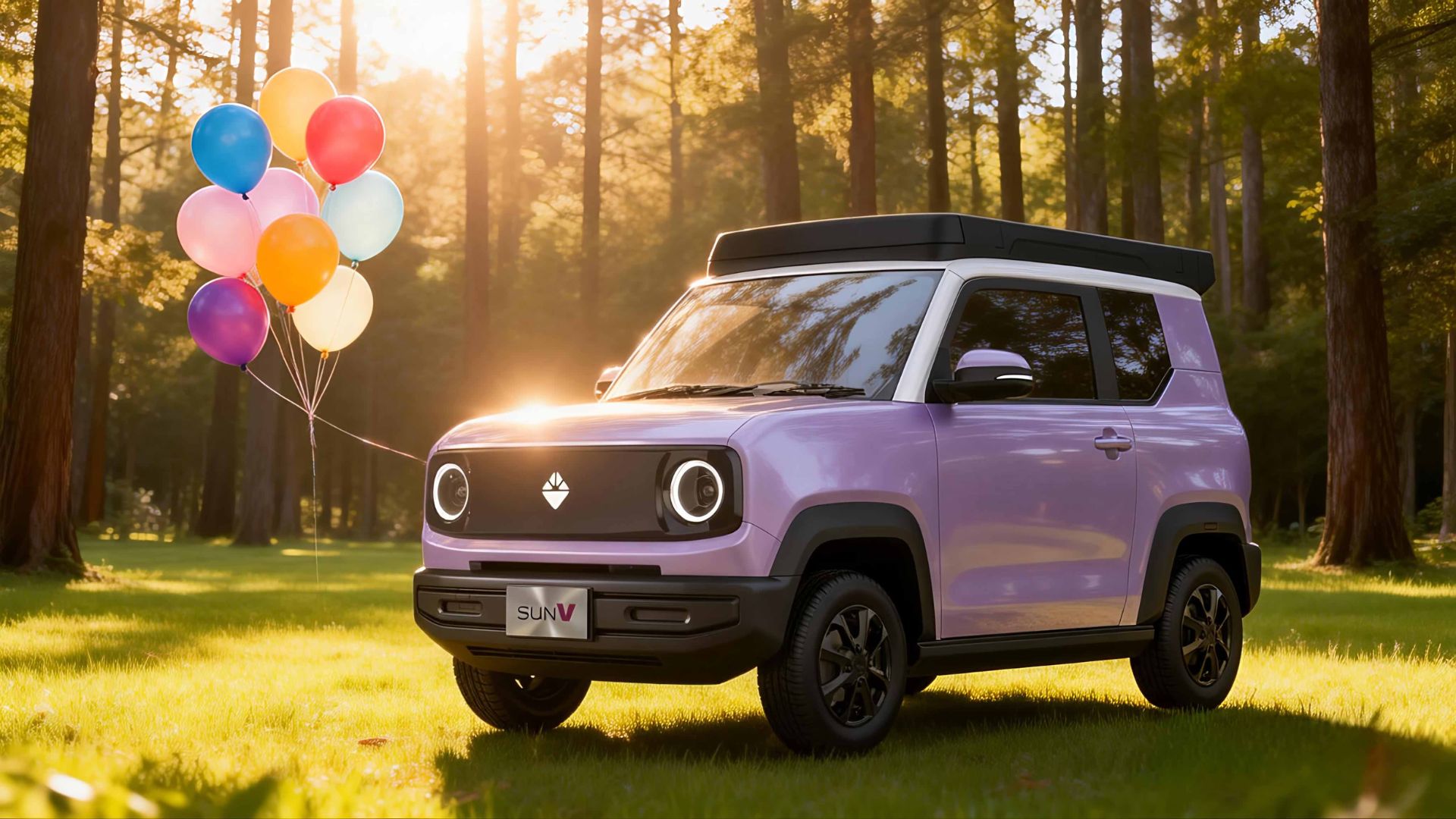 SUV elétrico compacto com painéis solares no teto estacionado em área arborizada, iluminado pela luz do sol, com balões coloridos ao lado.