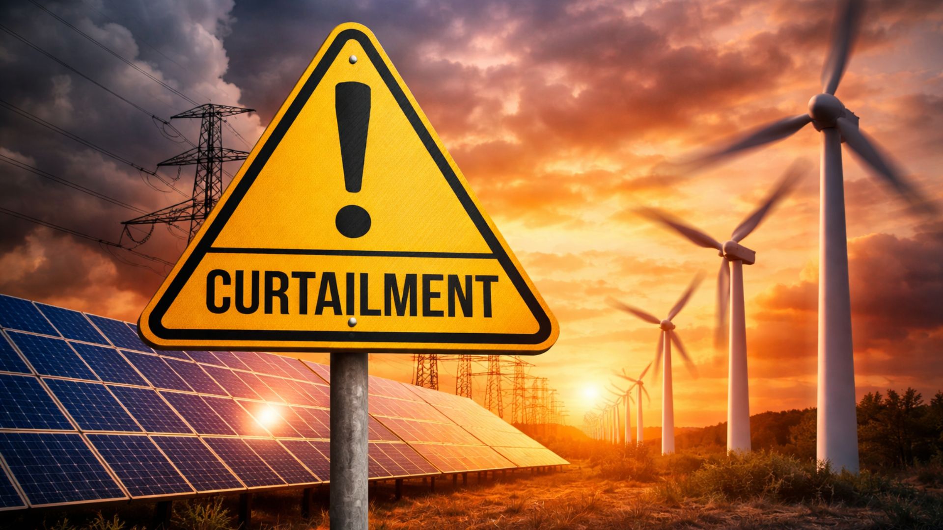 Placa de aviso amarela com a palavra “Curtailment” em primeiro plano, diante de um parque de energia renovável com painéis solares, torres de transmissão e turbinas eólicas em movimento ao pôr do sol.