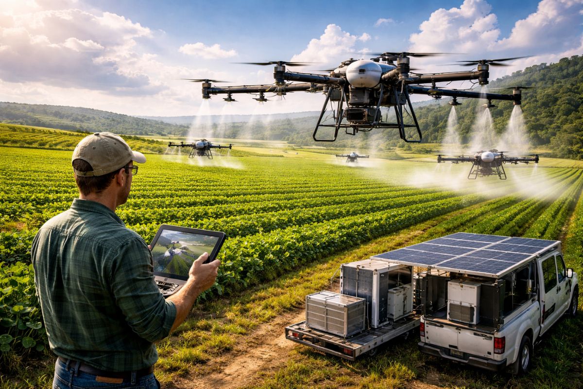 Sozinho, produtor aplica 7.400 hectares com drone T100 em estrutura otimizada, troca gerador por bateria silenciosa e mostra como tecnologia reduz custo, aumenta produtividade (1)