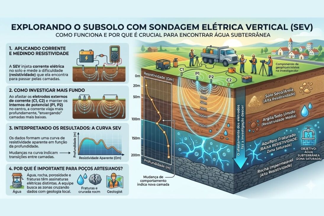 poços artesianos: sondagem elétrica vertical lê subsolo, orienta perfuração e busca alta vazão.