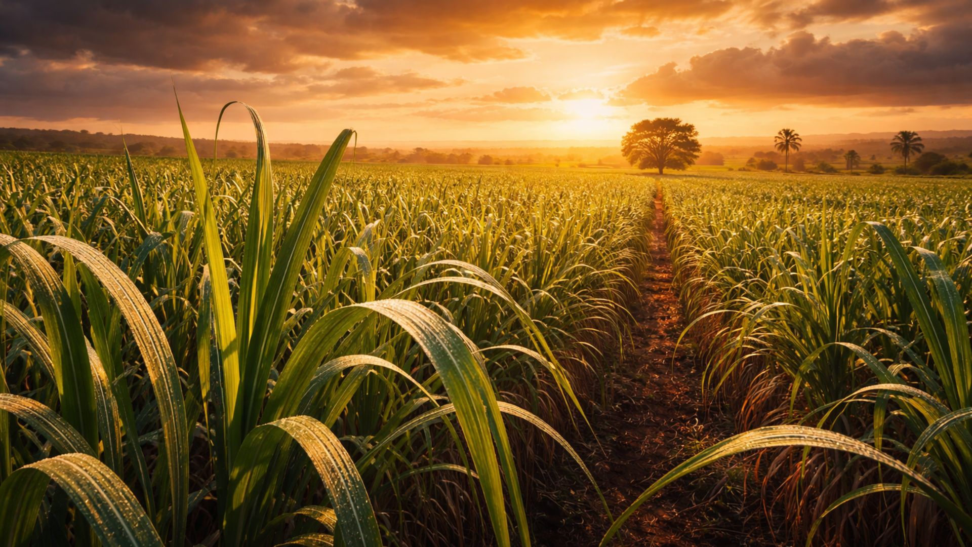 Campo de cana-de-açúcar ao pôr do sol no Brasil simbolizando produção de biocombustíveis e alternativa ao petróleo em cenário de crise energética global