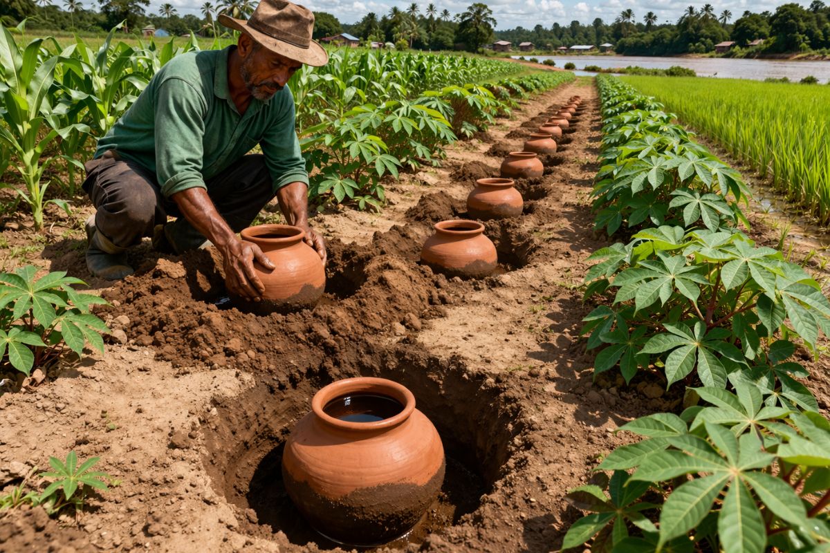 Potes de barro enterrados formam o Irrigapote, sistema contra a seca no Pará que custa R$ 8 mil e salva lavouras sem energia elétrica.
