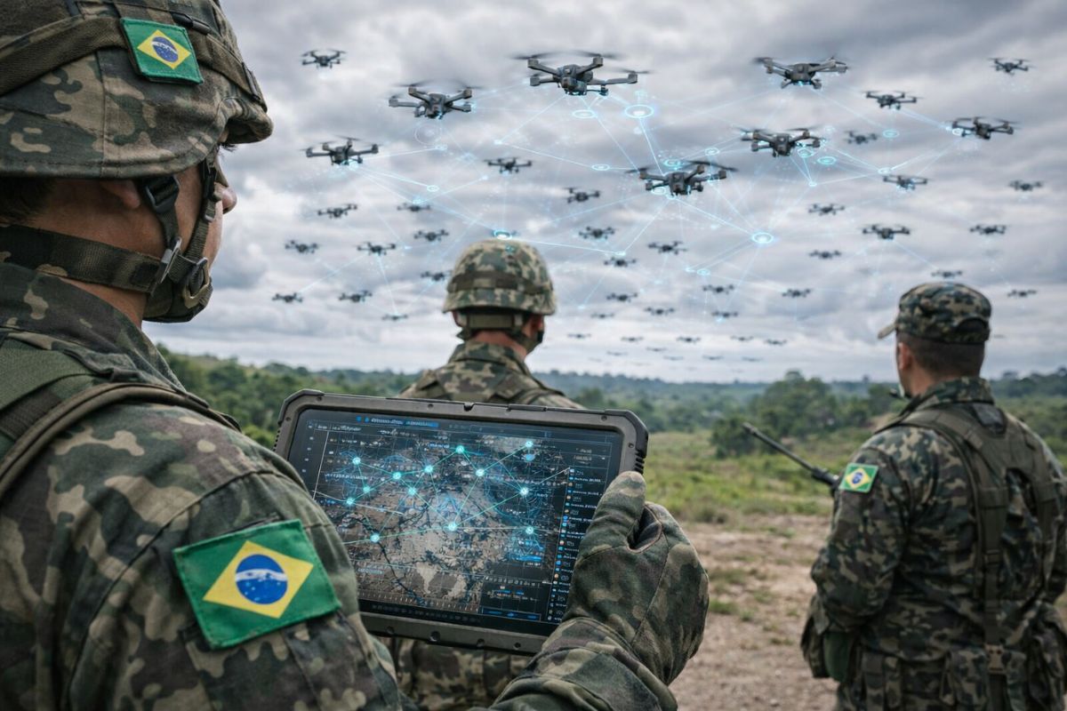 O Exército Brasileiro desenvolve um enxame de drones com inteligência artificial. A Ucrânia já testa em combate. Veja como a tecnologia funciona.