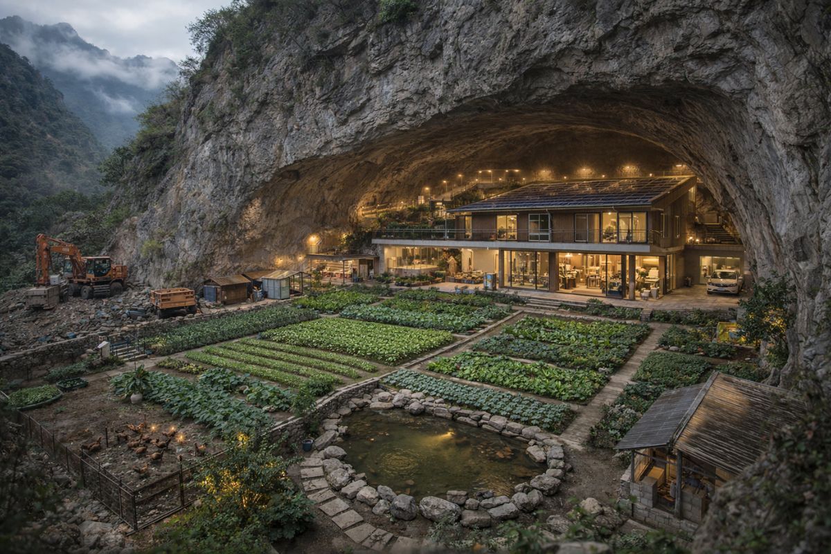 Homem compra montanha na China e constrói casa dentro da rocha com fazenda autossuficiente. Veja como a arquitetura subterrânea sustentável usa escavação com máquinas pesadas.