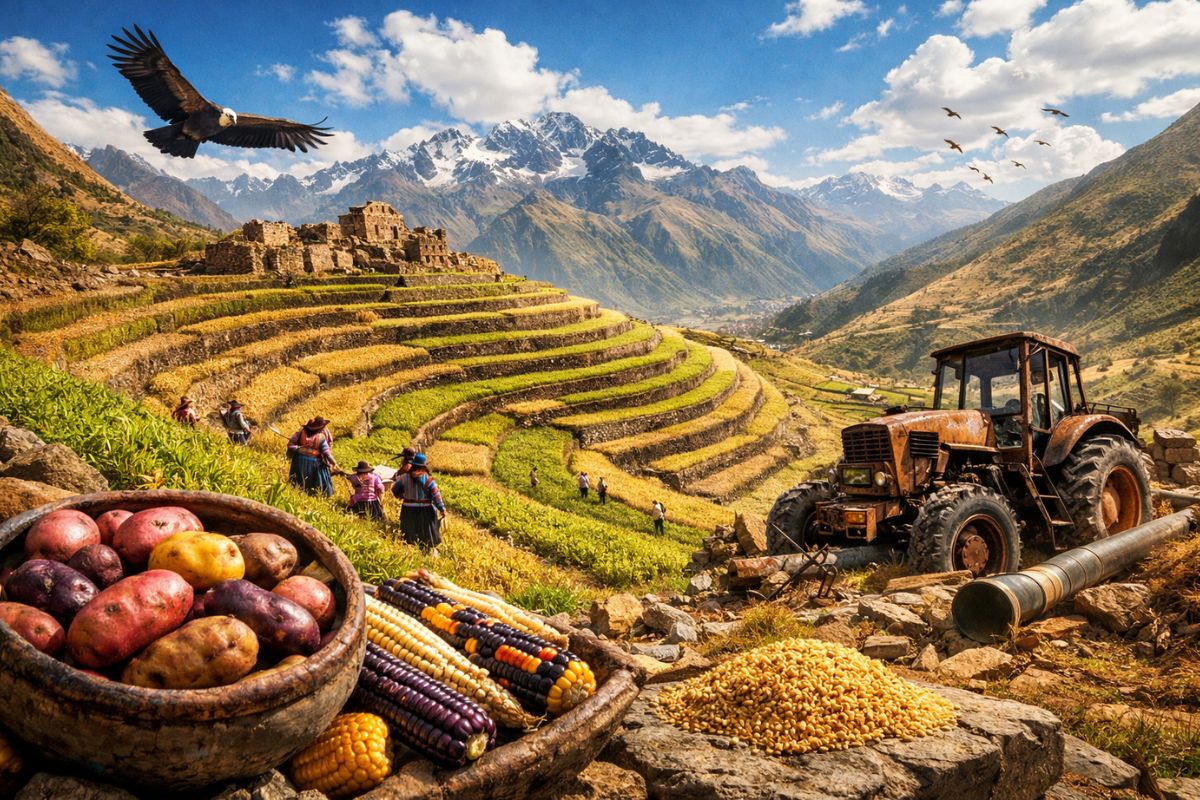 Sistema agrícola nos Andes próximos ao lago Titicaca usava campos elevados e canais de água para produzir mais alimentos.