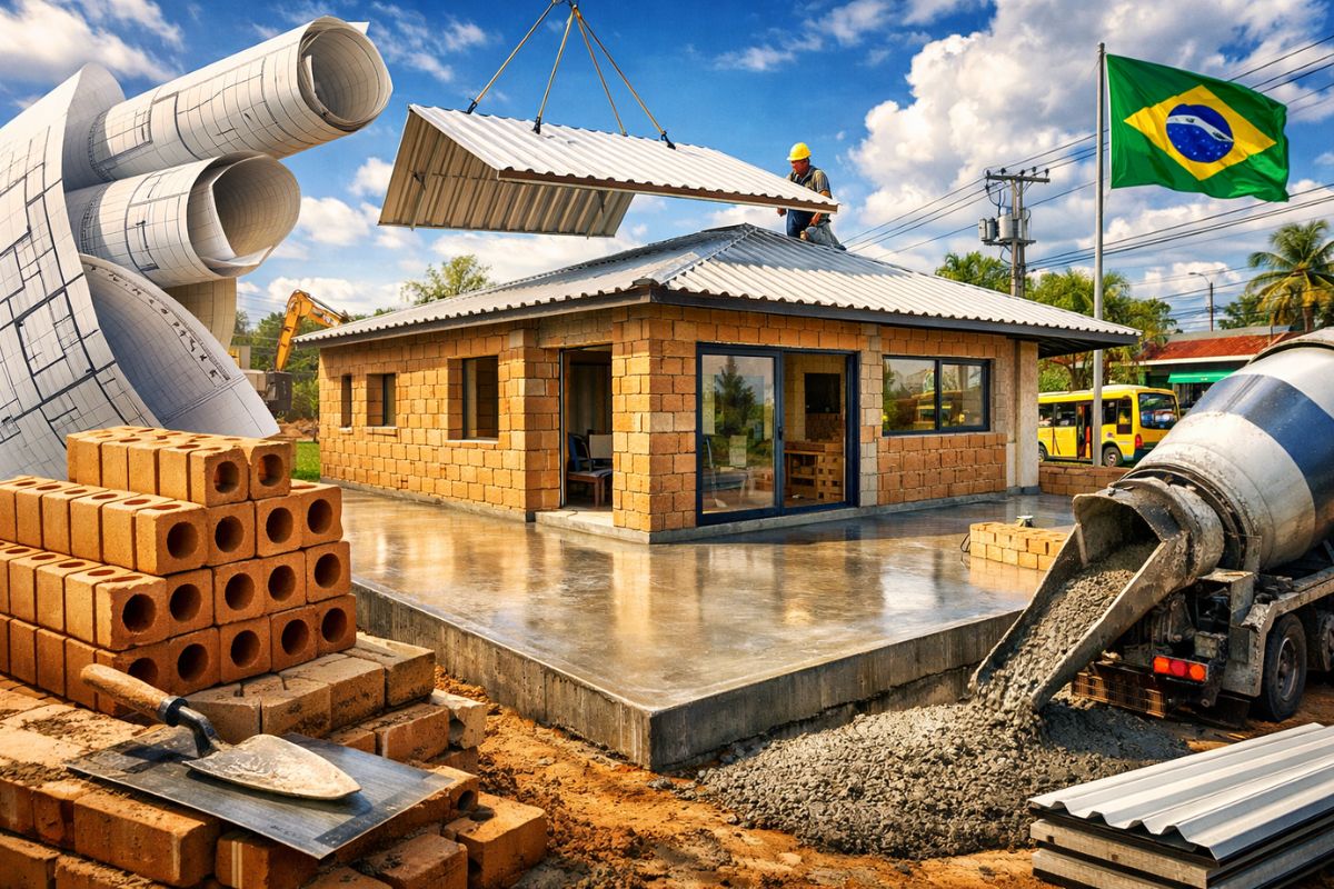 Guia de casa no Minha Casa Minha Vida: tijolo ecológico, radier de concreto e telha sanduíche. Entenda economia, execução e riscos.