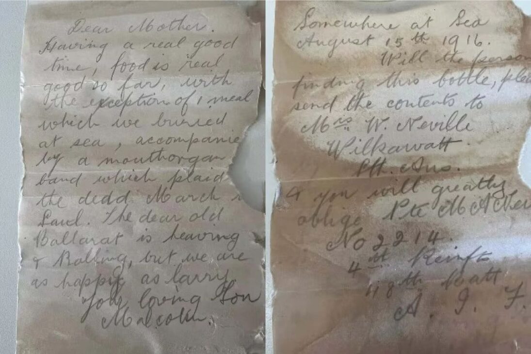 Uma garrafa lançada ao mar por dois soldados australianos em 1916 a caminho das trincheiras da Primeira Guerra Mundial ficou enterrada na areia por mais de 100 anos e as cartas dentro dela ainda estavam legíveis quando foram encontradas