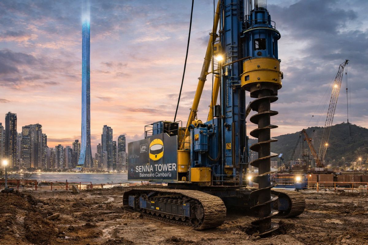A megafuradeira de R$ 50 milhões, única no Brasil, chegou a Balneário Camboriú para as fundações do Senna Tower, o maior residencial do mundo.